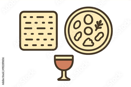 A flat vector illustration featuring three traditional Passover symbols: a square piece of matzah, a seder plate with symbolic foods, and a glass of red wine on a black background.