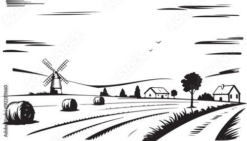 windmill illustration of fields hay bales barns trees and sky