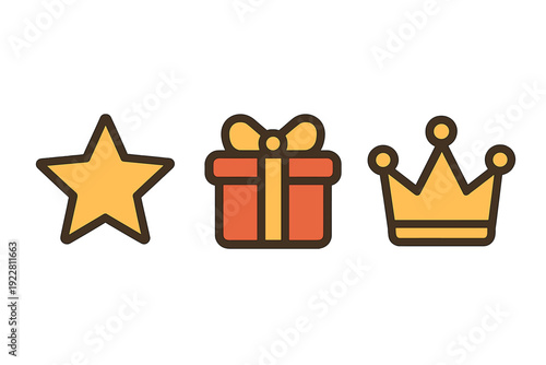 A set of three flat cartoon icons featuring a yellow five-pointed star, a red gift box with a yellow ribbon, and a golden crown, all presented on a solid black background.