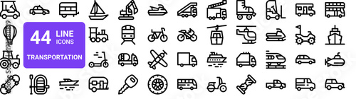 Set of 44 thin line transportation icons including golf cart, hot air balloon, tractor, vehicles, and travel symbols in vector outline style