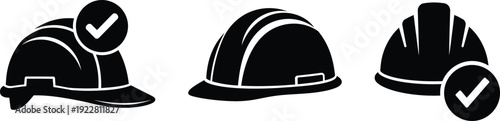 Three black hard hats with white outlines and checkmarks