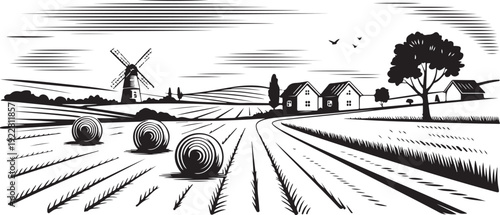 farm black and white line art of village fields and hills