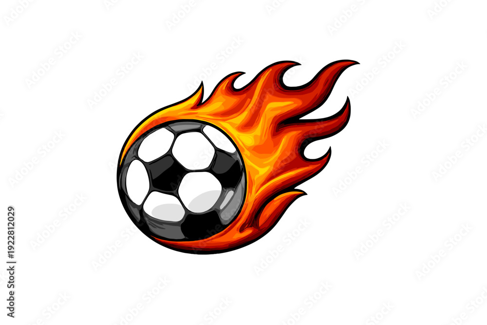 Fototapeta premium A digital illustration of a black soccer ball engulfed in vibrant orange and yellow flames, moving quickly against a solid black background. It represents speed and power in sports.