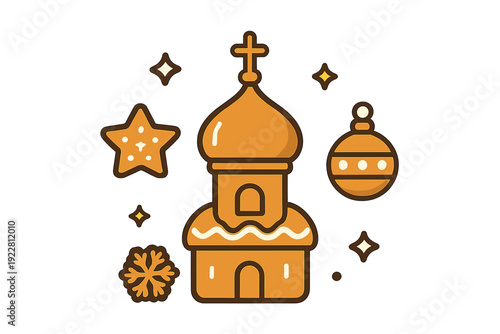 This cartoon vector illustration features an Orthodox church with a golden dome and cross, accompanied by a star, snowflake, and Christmas bauble on a dark background.