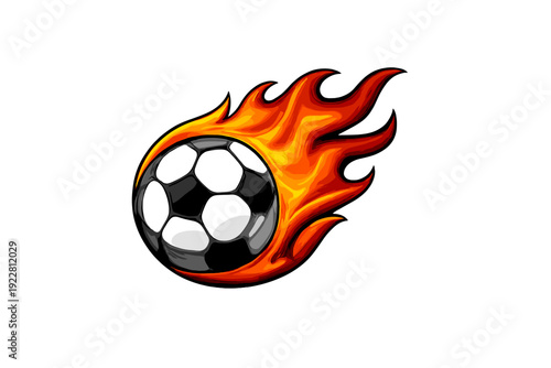 A digital illustration of a black soccer ball engulfed in vibrant orange and yellow flames, moving quickly against a solid black background. It represents speed and power in sports.