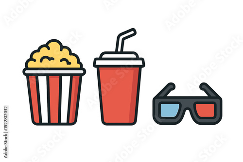 A flat vector illustration featuring a red and white striped popcorn bucket, a red soda cup with a straw, and a pair of movie glasses on a solid black background.