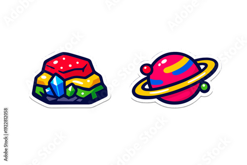 Two colorful cartoon stickers featuring a layered rock formation with crystals and a vibrant planet with rings and small moons, isolated on a black background.