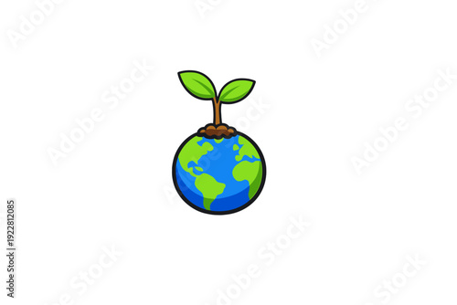 A stylized illustration of a small green sprout with two leaves growing from a patch of soil on top of a blue and green Earth globe, set against a solid black background.