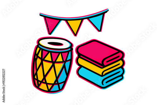 A clean isometric scene showcasing a traditional dhol drum, a stack of vibrant folded textiles, and a string of triangular festival flags on a black backdrop.