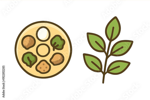 A flat minimal cartoon illustration of a Passover Seder plate with symbolic foods and a green leafy branch, isolated on a black background for Jewish holiday celebration.
