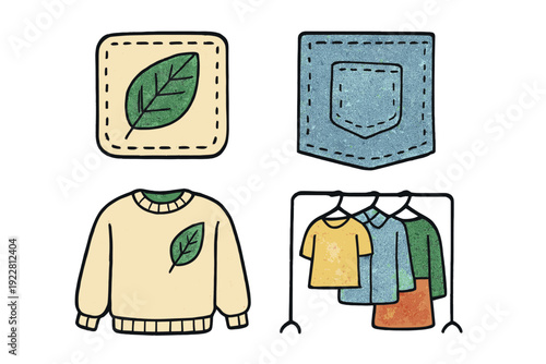 A collection of four hand-drawn illustrations featuring a leaf patch, a denim pocket, a cream sweatshirt with leaf embroidery, and a clothing rack with colorful garments.