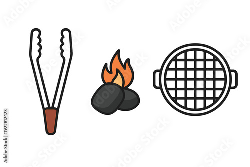 This flat design illustration displays three essential barbecue icons including metal tongs, burning charcoal with an orange flame, and a round grill grate on a black background.