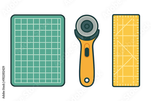 A flat illustration of sewing and quilting tools including a green gridded cutting mat, an orange rotary cutter and a yellow ruler with grid lines on a solid black background.