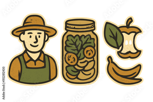 A vintage-style illustration featuring a smiling farmer in a hat, a glass jar filled with preserved vegetables, an apple core with a leaf, and a banana peel on a black background.