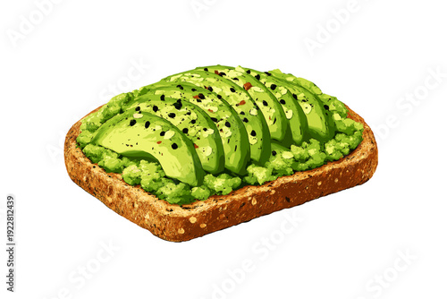 A single slice of whole-grain toast topped with mashed avocado and perfectly arranged avocado slices, seasoned with seeds and spices, isolated against a solid black background.