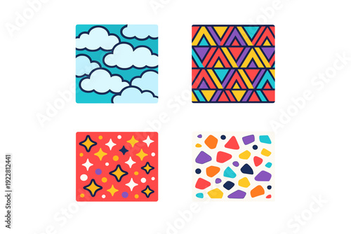 A collection of four colorful square patterns featuring clouds in a blue sky, geometric triangles, sparkling stars on a red background, and abstract organic shapes on white.