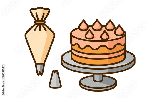 A vector illustration of a two-layer cake decorated with peach frosting on a grey stand, accompanied by a filled piping bag and an extra metal nozzle on a black background.