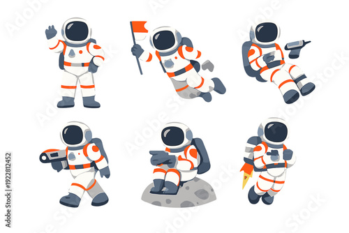 A collection of six cartoon astronauts in white and orange space suits performing various activities like waving, walking, and flying with a jetpack against a black background.