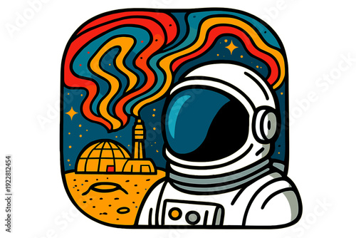 This retro-style illustration features an astronaut in a spacesuit on a moon base. Vibrant wavy clouds and stars fill the dark sky above a dome habitat and a communication tower.