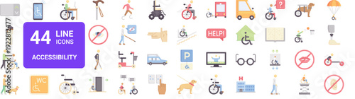 Set of 44 thin line accessibility icons. Disabled, wheelchair, prosthetic, assistant, sign language pack. Outline vector illustration for web and mobile