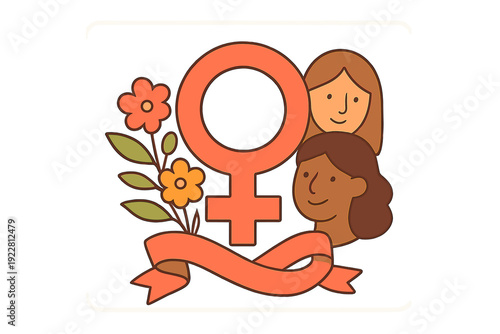 A flat cartoon illustration for International Women's Day featuring a large female symbol, two diverse women's faces, floral accents, and a ribbon within a rounded frame on a black background.