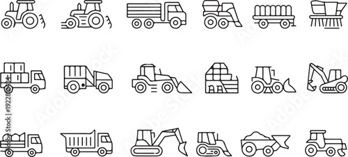 tractor line icons farming construction machinery vector symbol set