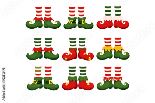 A collection of nine pairs of cartoon elf legs and feet with striped socks and pointed shoes in various colors, isolated on a black background for Christmas holiday designs.