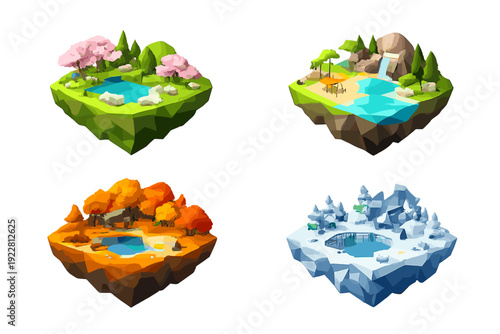 A set of four low-poly floating islands depicting the four seasons with vibrant colors, featuring cherry blossoms, a beach, autumn foliage, and a snowy landscape.