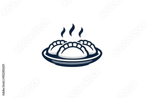 A minimalist illustration of three steaming dumplings served on a plate. The graphic features a dark blue background with white and light blue accents for the food and steam.
