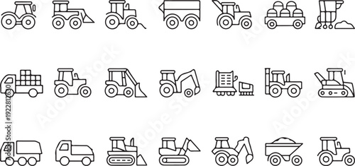 tractor icon set agricultural and construction vehicle line art