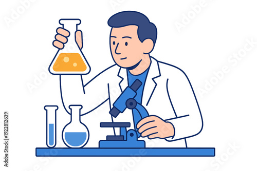 A male scientist in a lab coat holds an Erlenmeyer flask with orange liquid while working with a microscope and other laboratory glassware on a blue table against a black background.