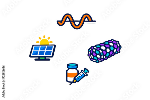 A collection of four science and technology icons including a solar panel, a sine wave, a molecular structure, and medical equipment, all presented as stickers on a black background.
