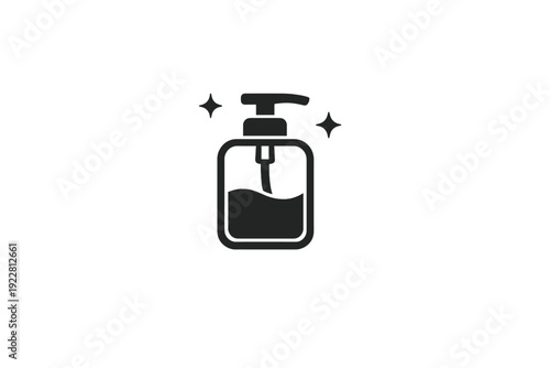 A black and white icon of a liquid soap or hand sanitizer dispenser bottle with a pump and sparkles on a black background. This minimalist graphic represents hygiene and cleanliness.