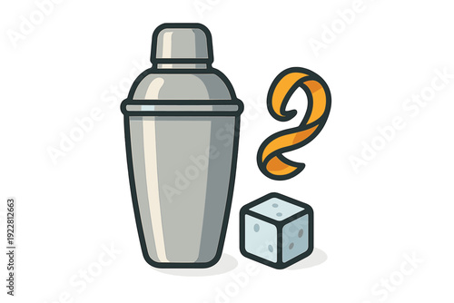A vector illustration of a silver cocktail shaker standing next to a curled orange peel and a single light blue ice cube, set against a solid black background.