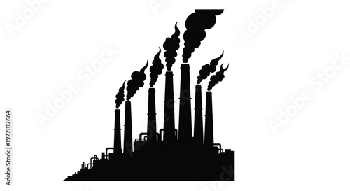 Silhouette of industrial factory chimneys releasing dark smoke into a white sky