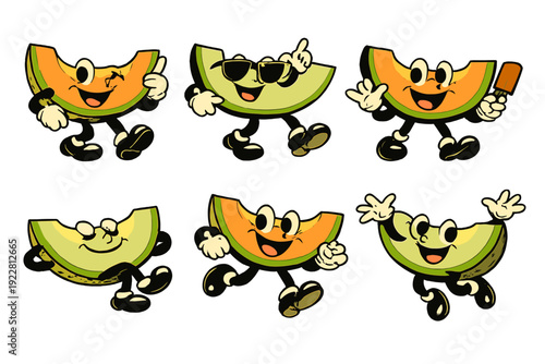 Six retro cartoon melon characters in various poses on a black background. These vintage-style fruit slices feature expressive faces, gloved hands, and rubber hose limbs.