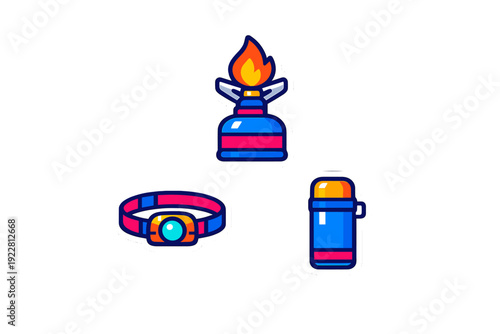 A set of three colorful camping equipment stickers featuring a portable gas stove with a flame, a headlamp, and an insulated flask, all designed in a flat vector illustration style.