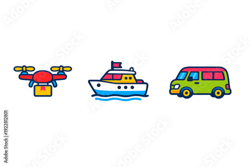 A set of three colorful transportation icons featuring a red delivery drone with a package, a white and blue motorboat on waves, and a green van, all set against a black background.