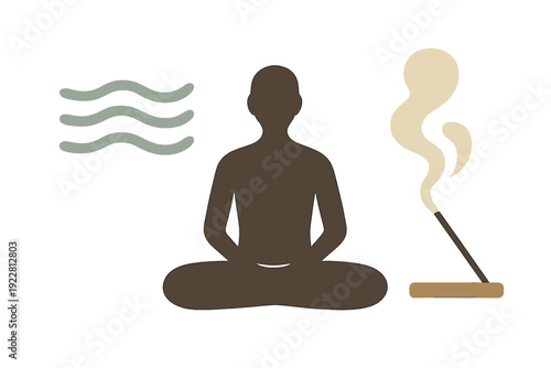A minimalist illustration featuring a brown silhouette of a person in a meditation pose, accompanied by wavy lines representing breath and a burning incense stick on a black background.