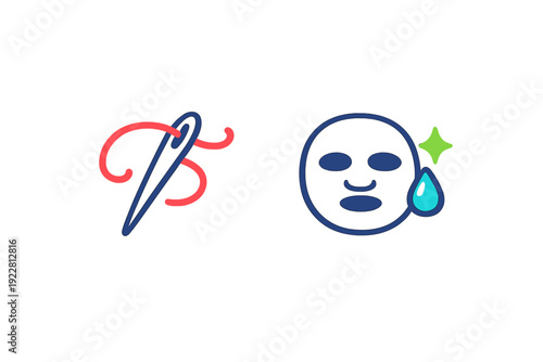 A minimalist illustration featuring a blue needle with red thread next to a blue facial sheet mask icon with a green star and a water droplet on a black background.