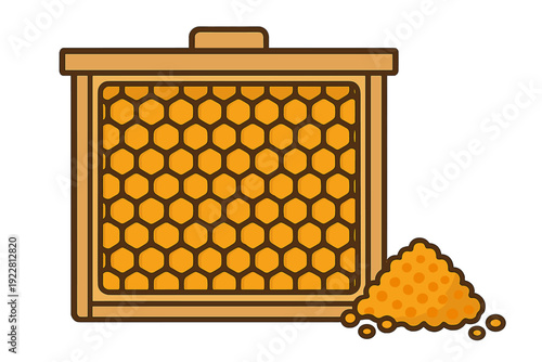 A flat vector illustration of a wooden beehive frame filled with golden honeycomb cells, accompanied by a small pile of yellow pollen granules on a transparent background.