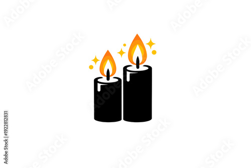 A minimalist vector illustration featuring two black candles with glowing orange flames and yellow sparkles. The design is set against a solid black background for a dramatic effect.