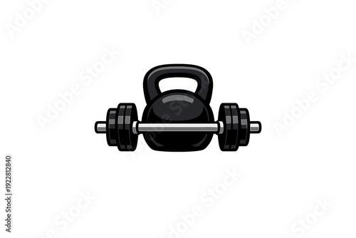 This minimalist graphic features a black kettlebell and a barbell combined into a single icon. The design is set against a dark background, representing strength and fitness.