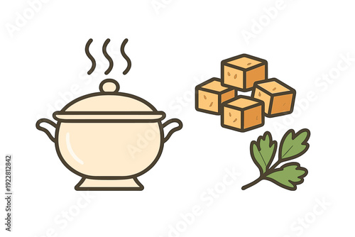 A simple illustration featuring a steaming white ceramic soup tureen with a lid accompanied by four golden brown cubes and a green sprig of fresh parsley on a black background.