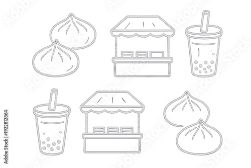 A seamless pattern tile featuring white line art icons of fresh dumplings, street food stalls, and bubble tea cups on a black background, representing a vibrant night market scene.