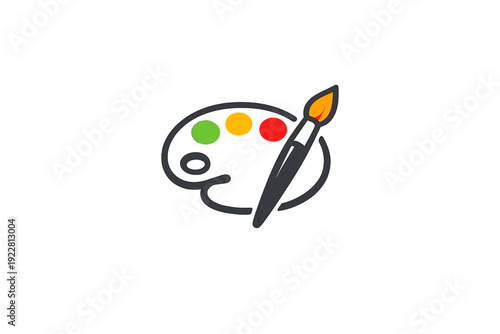 A minimalist illustration of a dark grey artist palette featuring three circular paint spots in green, yellow, and red, accompanied by a single paintbrush on a black background.