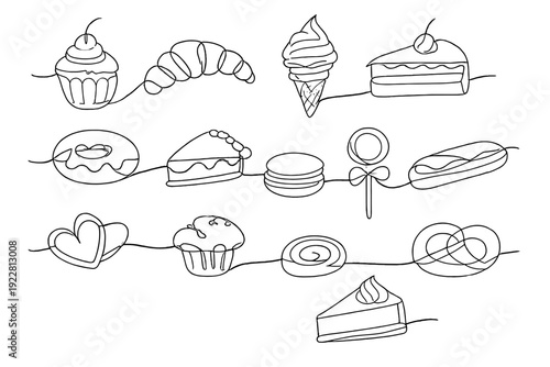 A collection of white line art illustrations featuring various desserts and pastries like cupcakes, donuts, and cakes, set against a solid black background in a continuous line style.