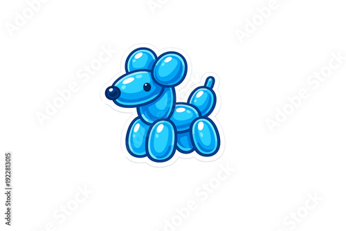 A glossy blue balloon dog illustration with white highlights and a black outline, isolated on a solid black background. The cartoon animal is made of several inflated segments.
