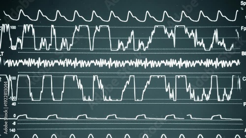 Modern patient monitor. Electronic Health Monitor displaying medical indicators and graphs of patient vital activity. Medical vital signs. Screen of computer monitor in hospital. Cardiogram ECG Pulse