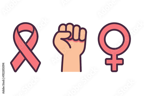 A set of three cartoon icons representing women's empowerment and health, featuring a pink awareness ribbon, a raised clenched fist, and a female gender symbol on a dark background.